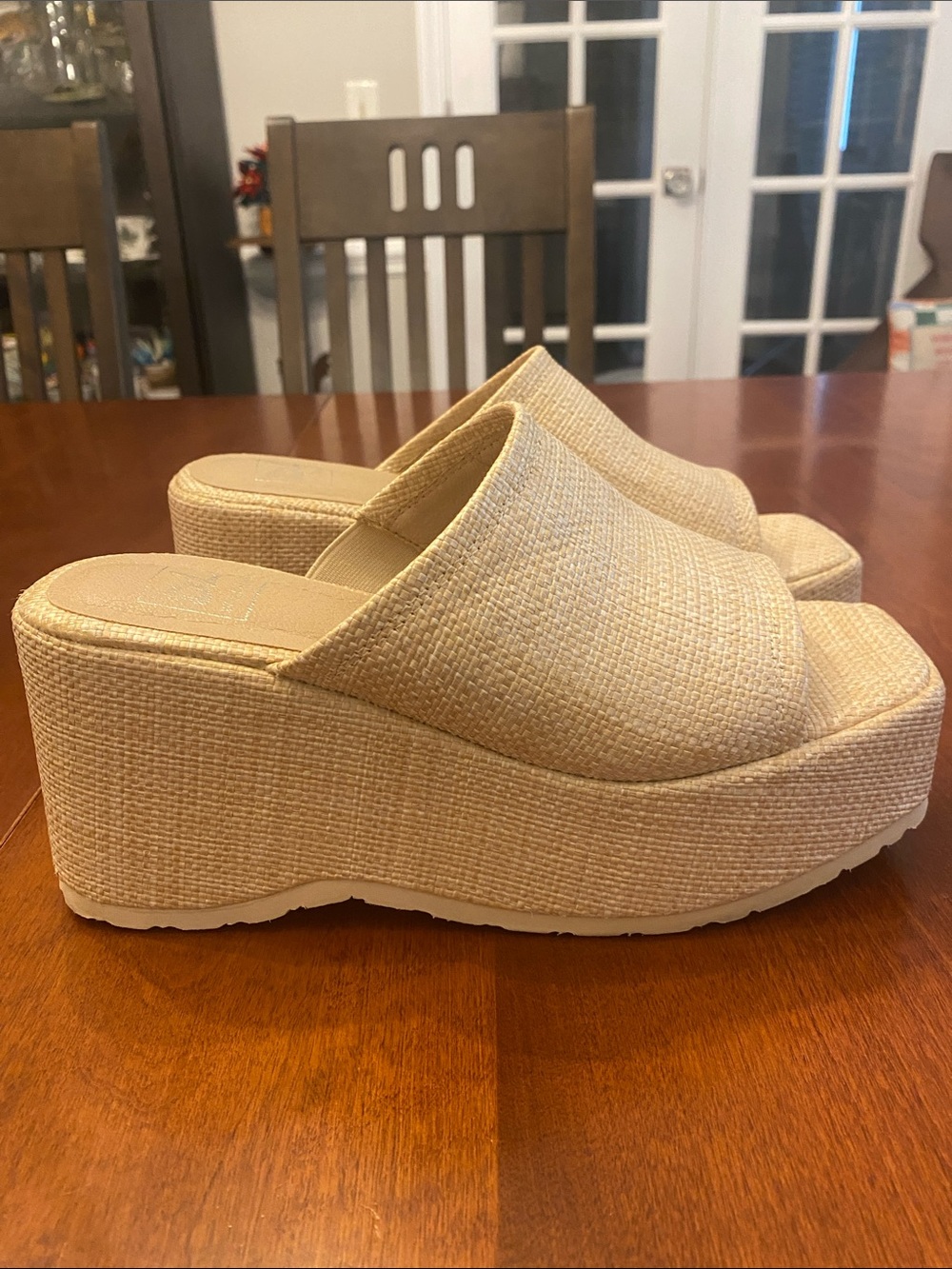 Dirty Laundry Beige Woven Platform Slide Wedges